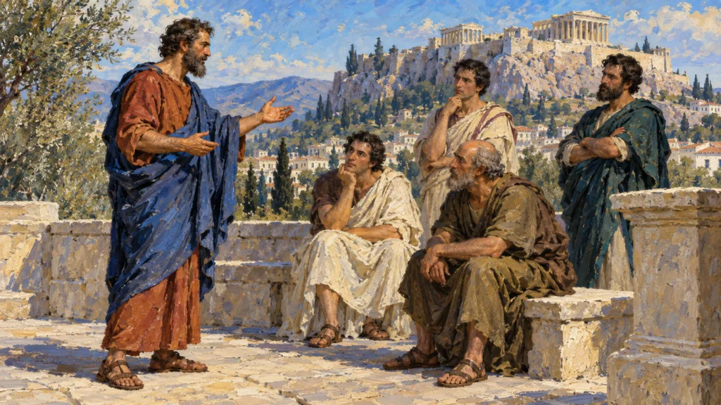 Classical oil painting of Paul reasoning with Athenian listeners near an altar