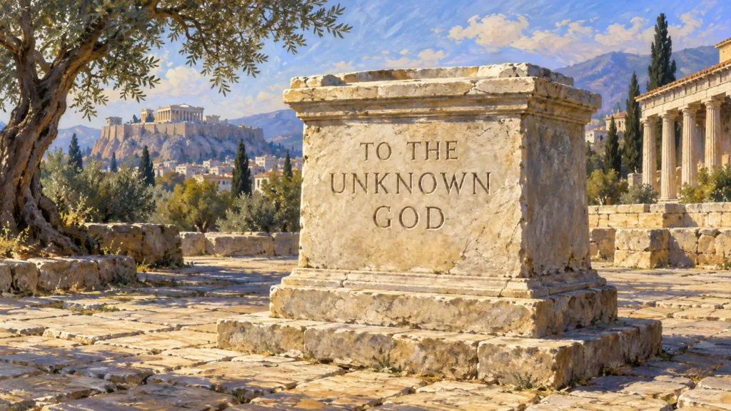 Classical oil painting of an ancient Athenian stone altar inscribed TO THE UNKNOWN GOD, with Athens in the background.