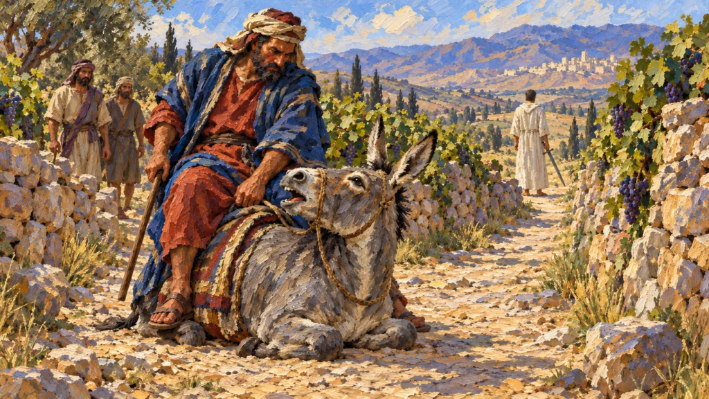 Classical oil painting of the donkey speaking to Balaam with the armed Messenger ahead