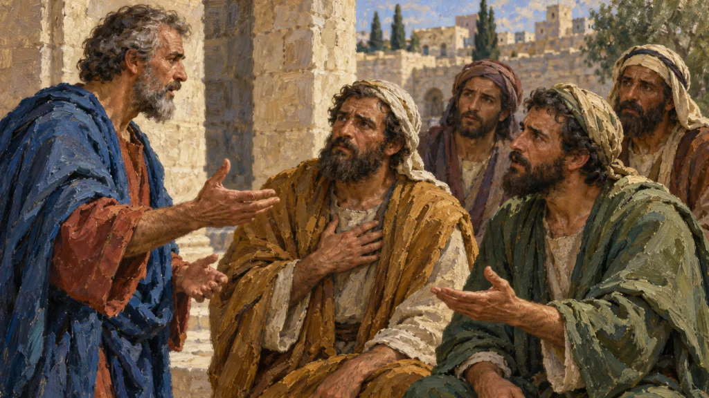 Classical oil painting of Pentecost hearers responding with conviction to Peter preaching