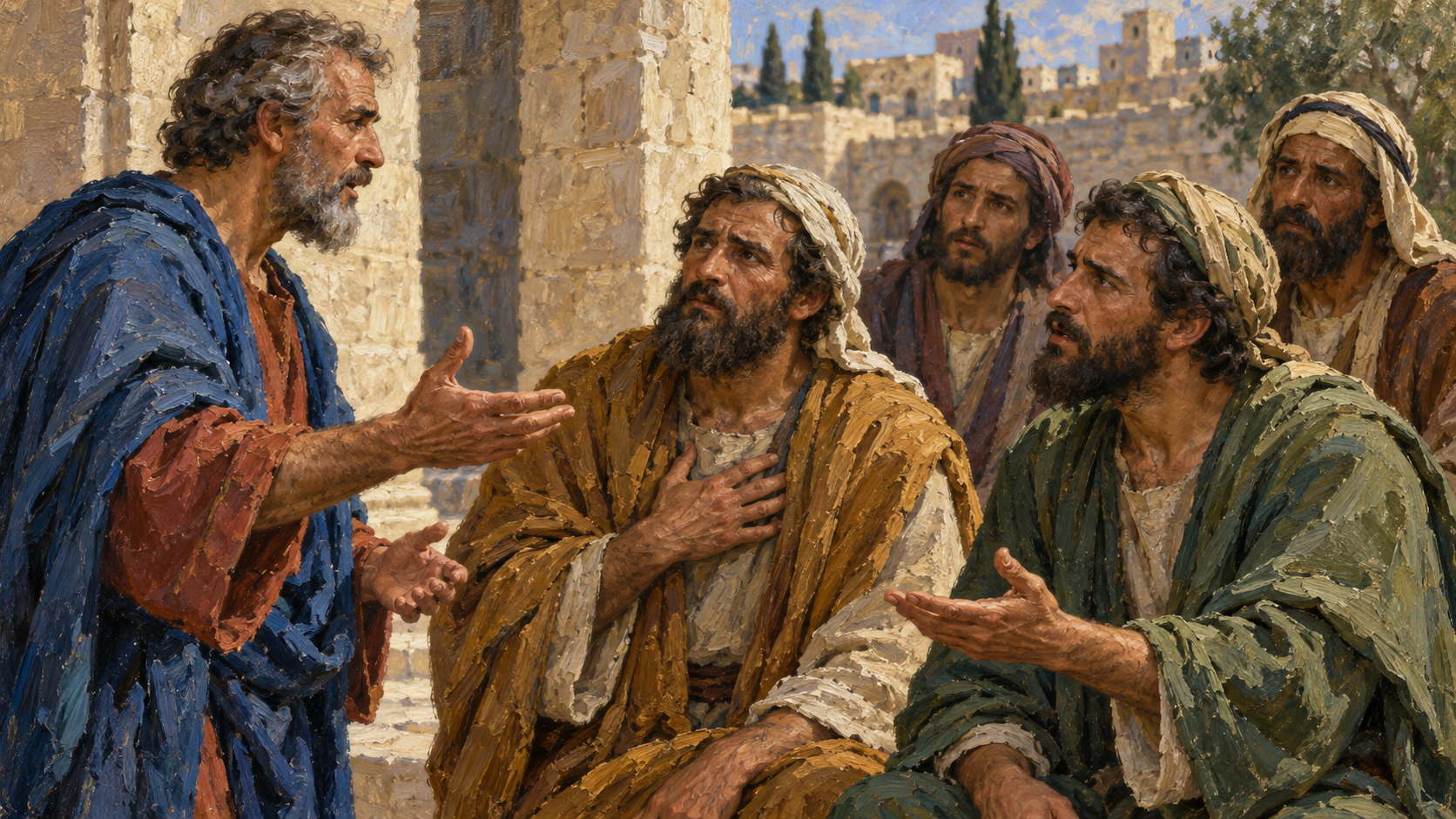 Pentecost hearers respond to Peter Classical oil painting of Pentecost hearers responding with conviction to Peter preaching