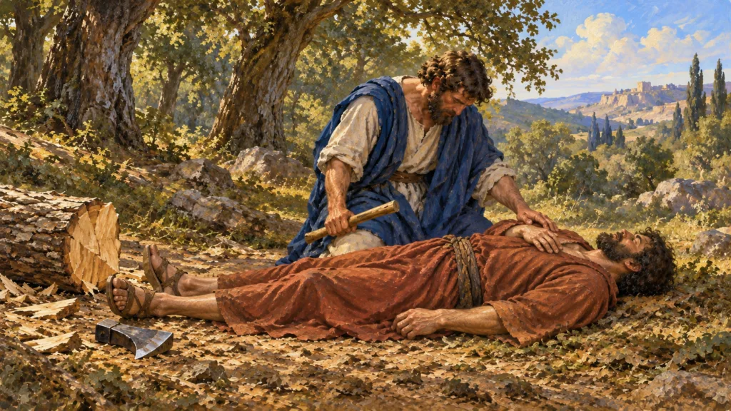 Oil painting of a grieving woodcutter beside his fallen companion, with a detached axe head and empty wooden handle.