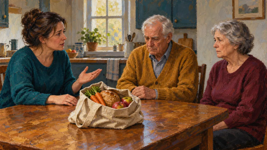Classical oil painting of an adult daughter bringing groceries to her aging parents during a serious kitchen-table conversation.