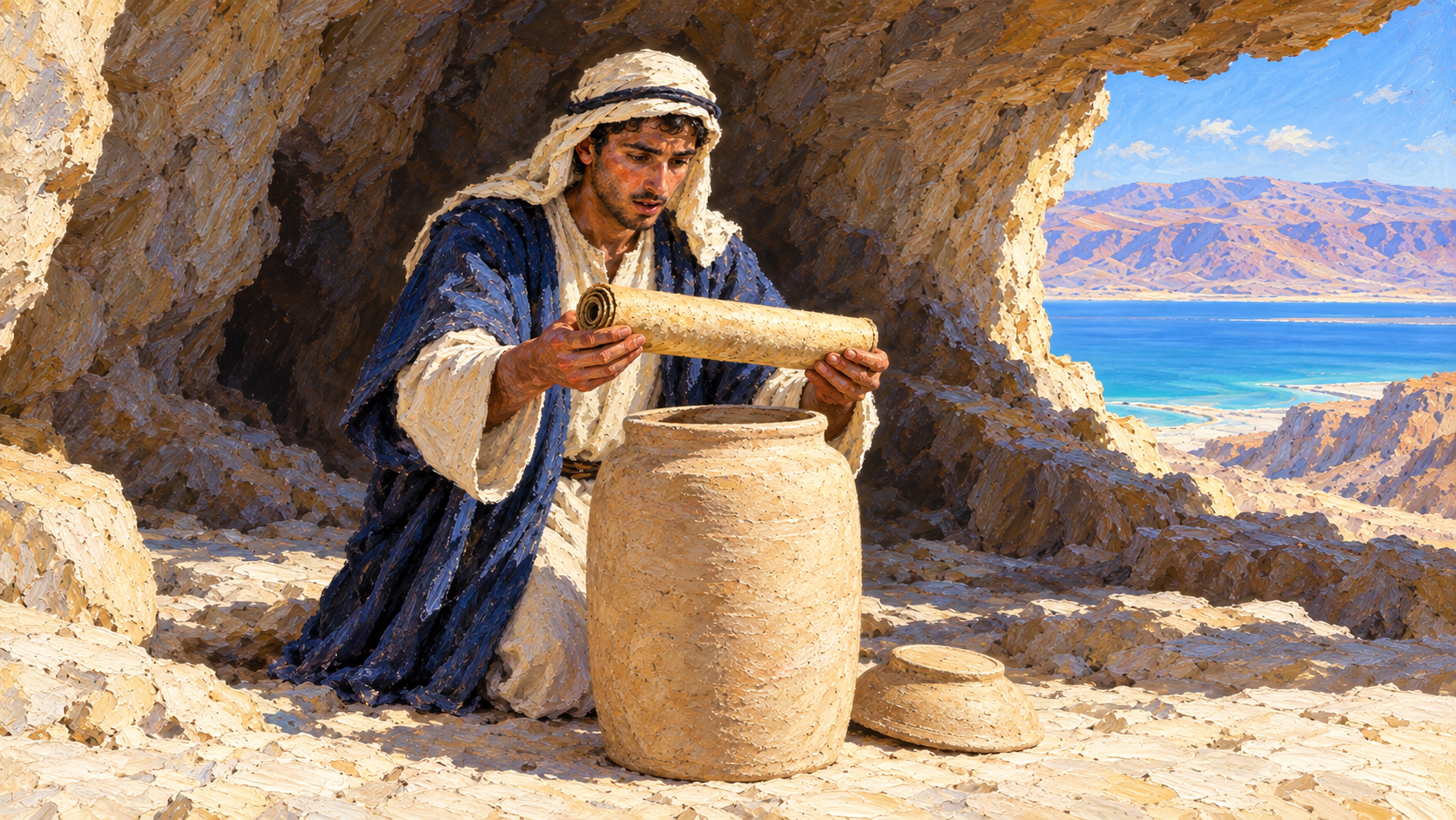 Classical oil painting of a Bedouin finder lifting a closed ancient parchment scroll from a clay jar in a cave overlooking the Dead Sea.