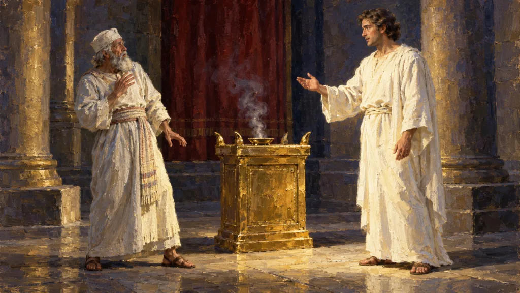 Classical oil painting of wingless Gabriel addressing the elderly priest Zacharias beside the incense altar.