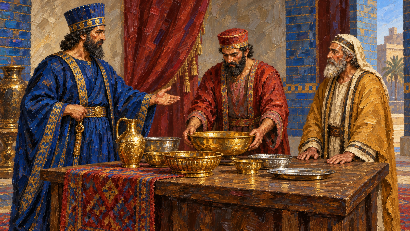 Classical oil painting of Cyrus authorizing his treasurer to return gold and silver temple vessels to Judah.