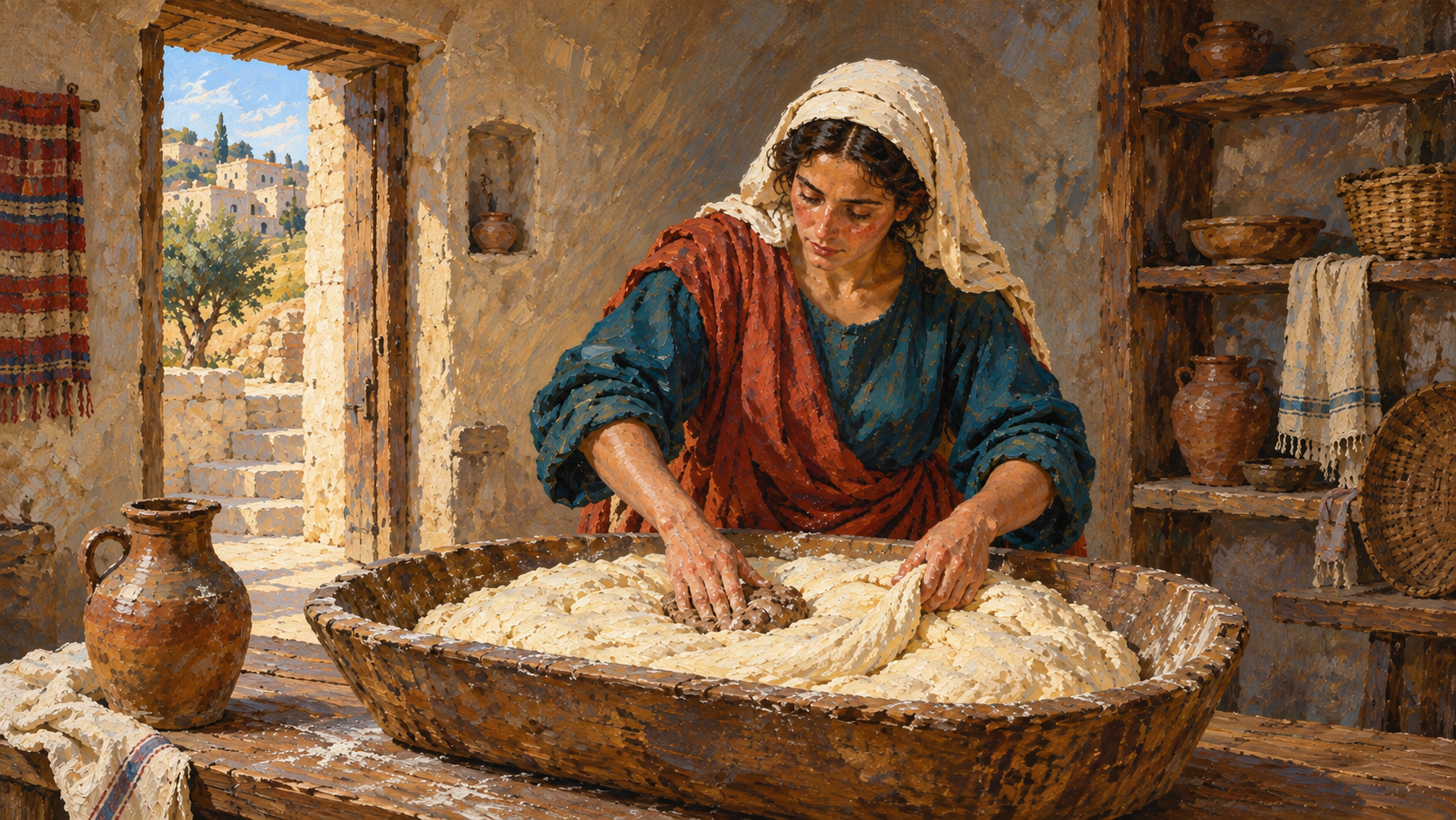 Classical oil painting of a woman folding a small piece of leaven into a large batch of dough in a wooden trough.