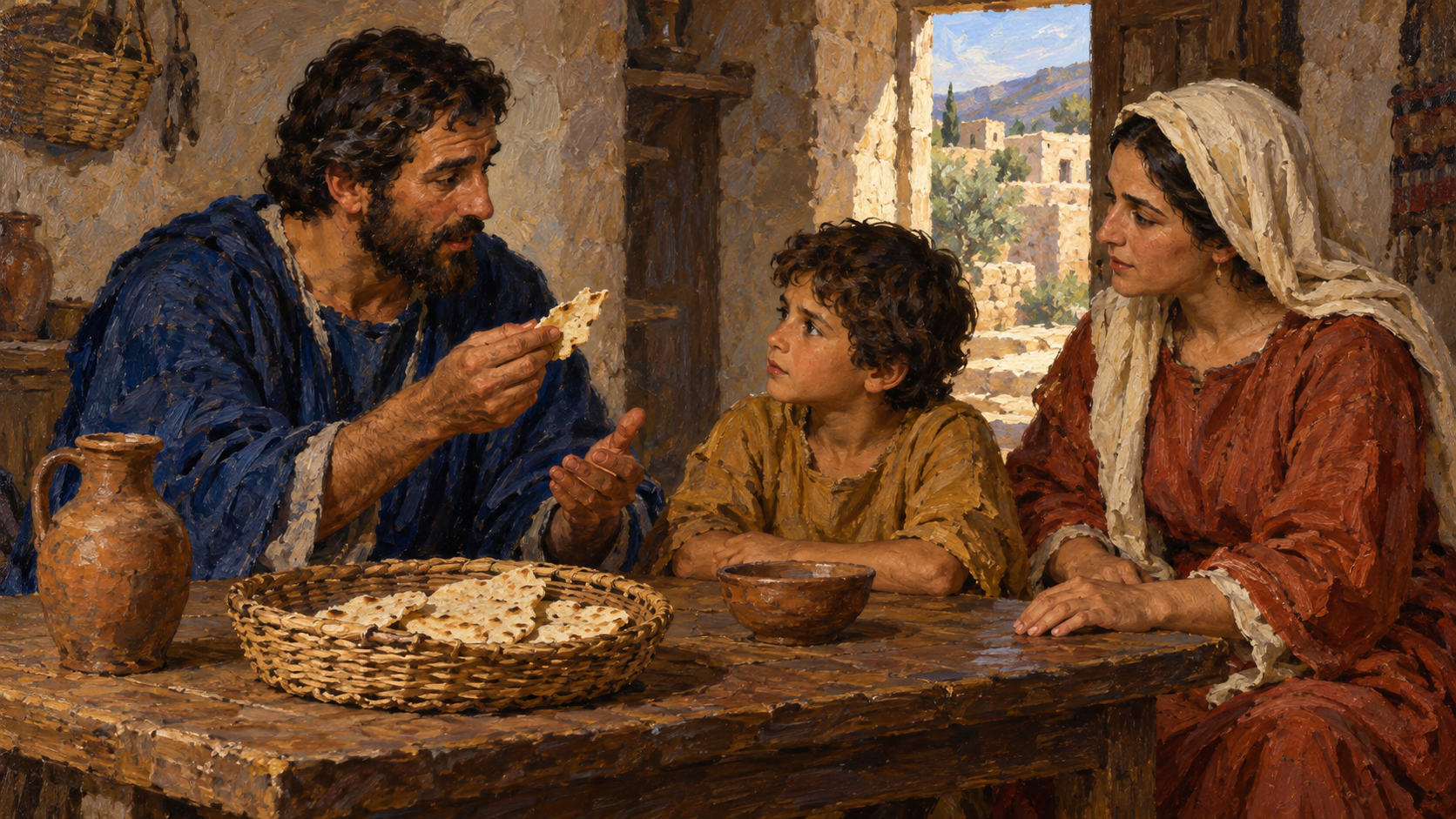 Feast of Unleavened Bread – classical oil painting Classical oil painting of an Israelite father teaching his child about unleavened bread during a family meal.