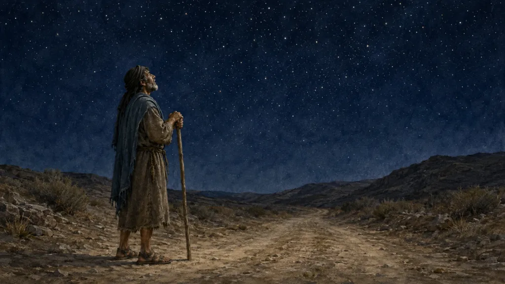 A weary exile looks up at a vast field of stars while resting on his staff