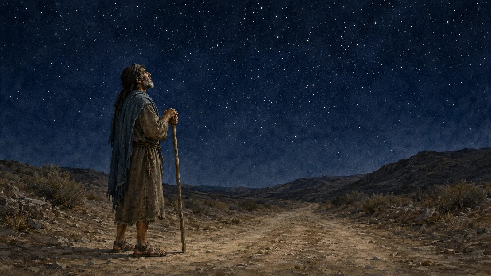 Weary Exile Beneath the Created Stars A weary exile looks up at a vast field of stars while resting on his staff