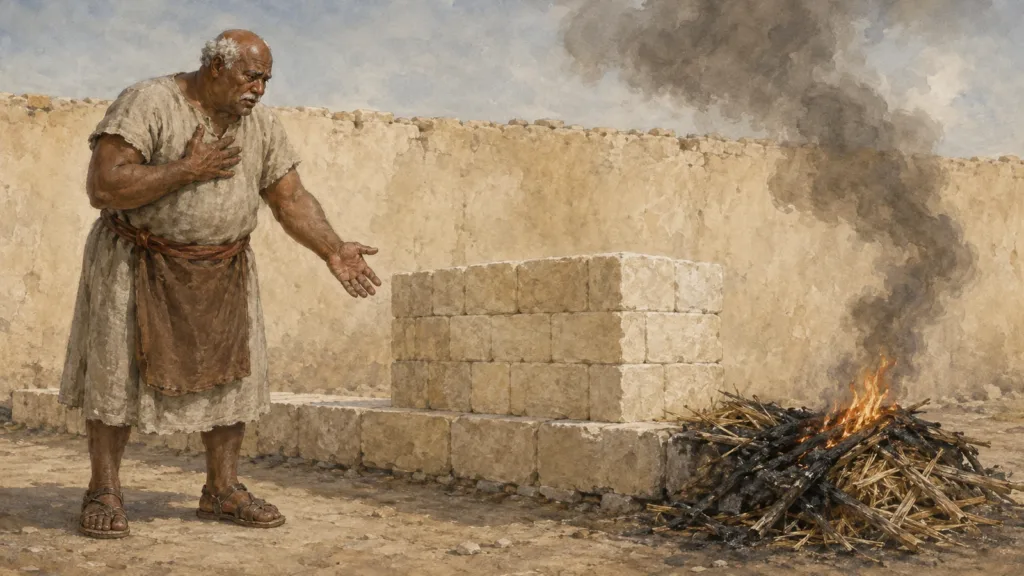 A first-century builder grieves as worthless work burns while sound stonework remains on its foundation