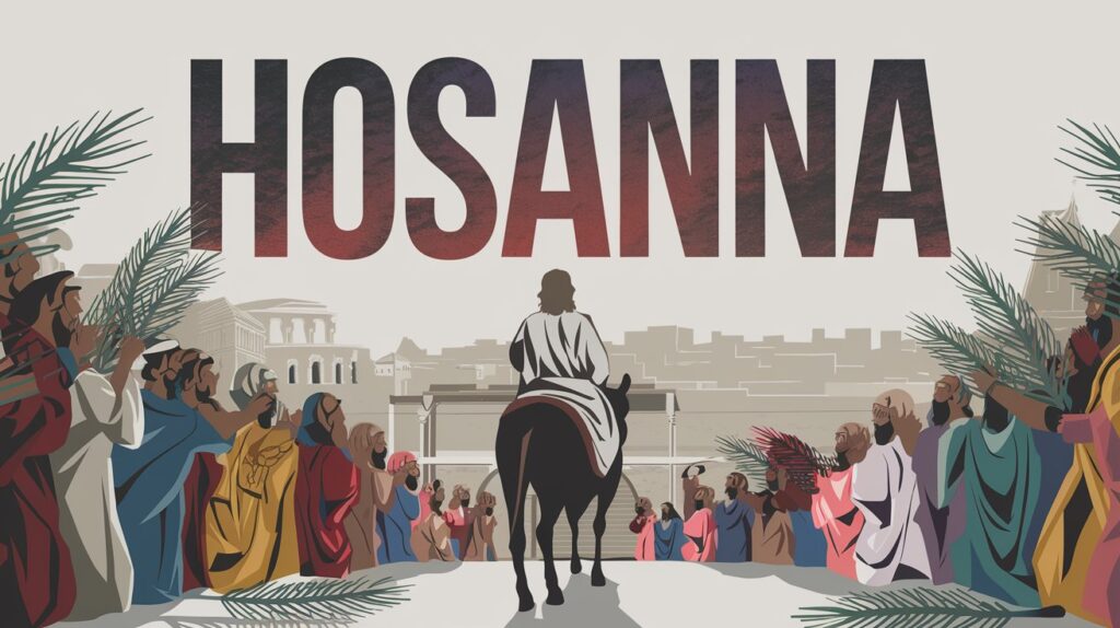 Hosanna text above Jesus riding toward Jerusalem as crowds wave palm branches