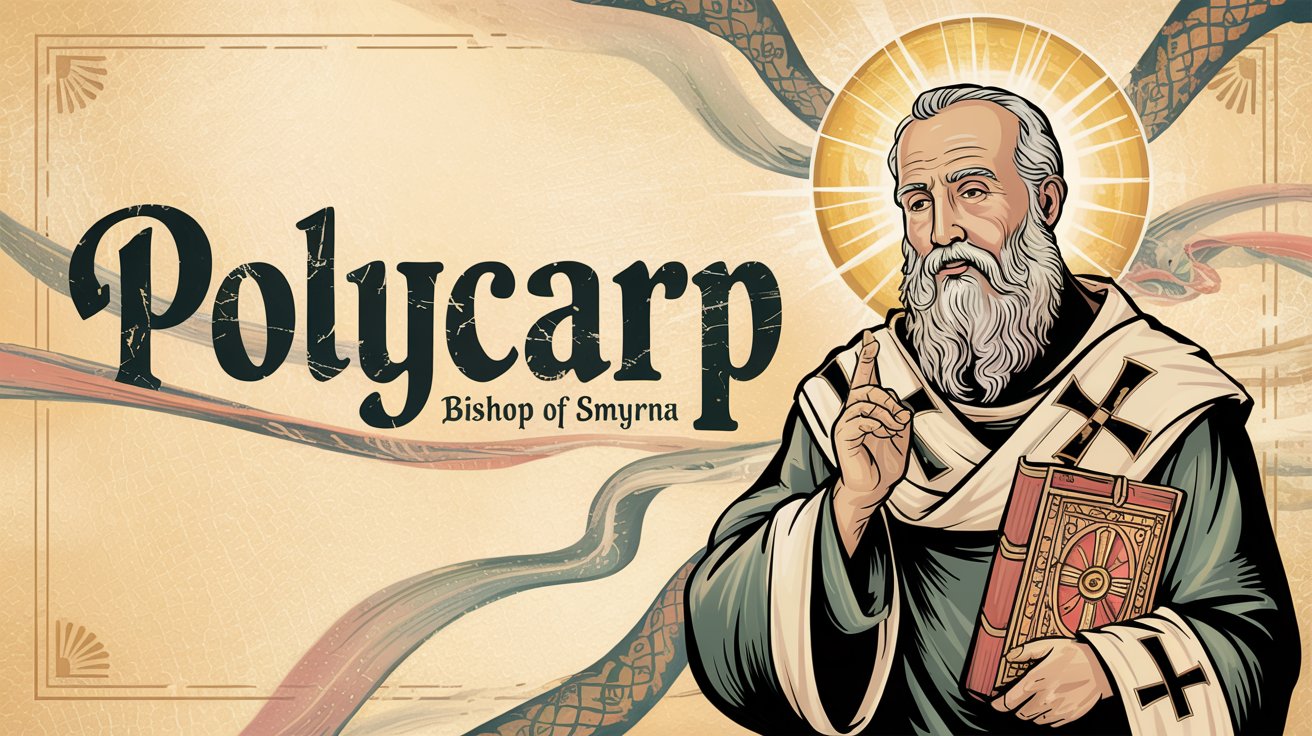 a-typographical-graphic-that-says-polyca_jaw4PEGiTeiVD61HQBSCMg_BZ-EtbBqRFSE60fnD6rZ9w Illustration labeled Polycarp Bishop of Smyrna with an elderly man holding a decorated book