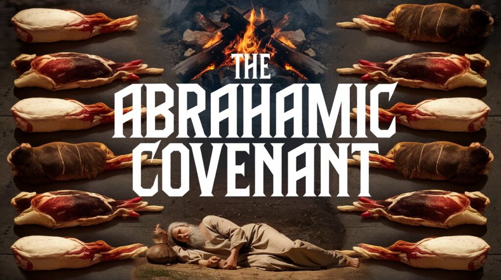 Abrahamic Covenant title with divided animals, fire, and sleeping Abram