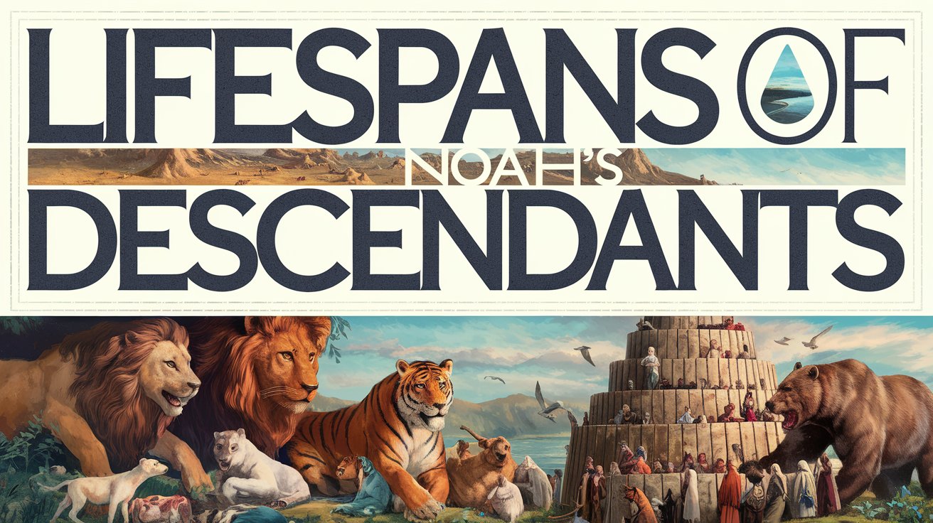 Lifespans of Noah's Descendants title above animals and people near a stepped tower