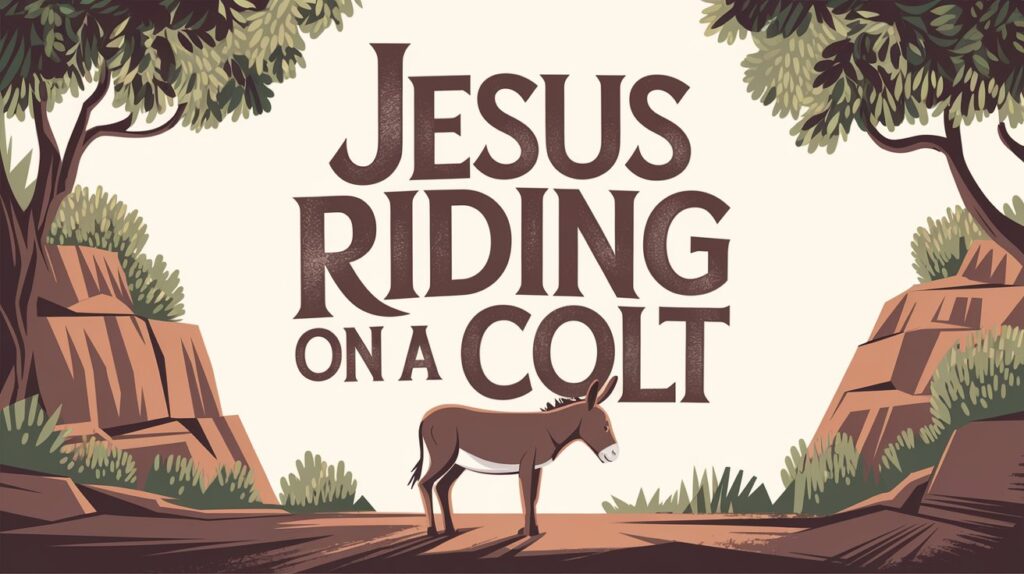 Illustration reading Jesus riding on a colt above a donkey on a rocky path