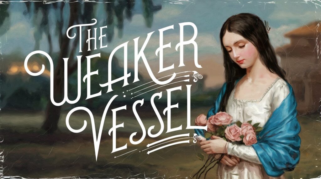 The Weaker Vessel text beside a painted woman holding roses