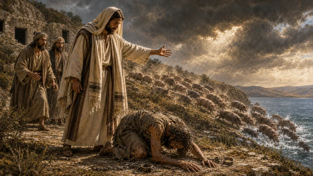 Jesus casting out demons from the afflicted man as the swine rush toward the sea