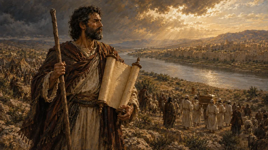 Joshua faces the Jordan with the Book of the Law as Israel and the ark move forward