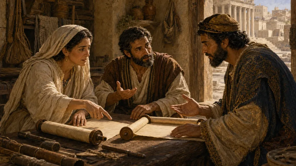 Priscilla and Aquila explaining the way of God more accurately to Apollos