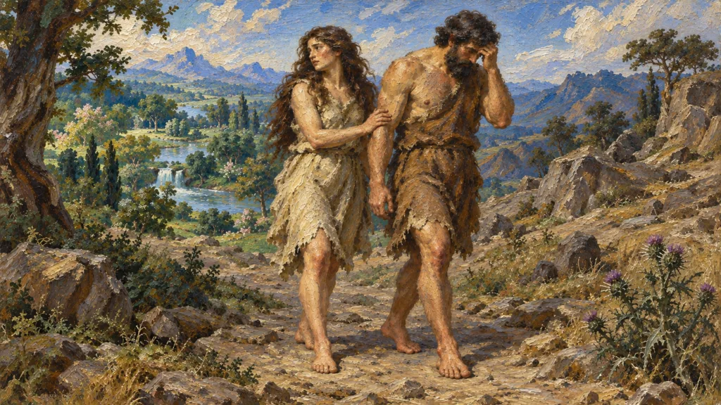 Classical oil painting of Adam and Eve leaving Eden in skin garments, grieving as they walk onto rocky ground.