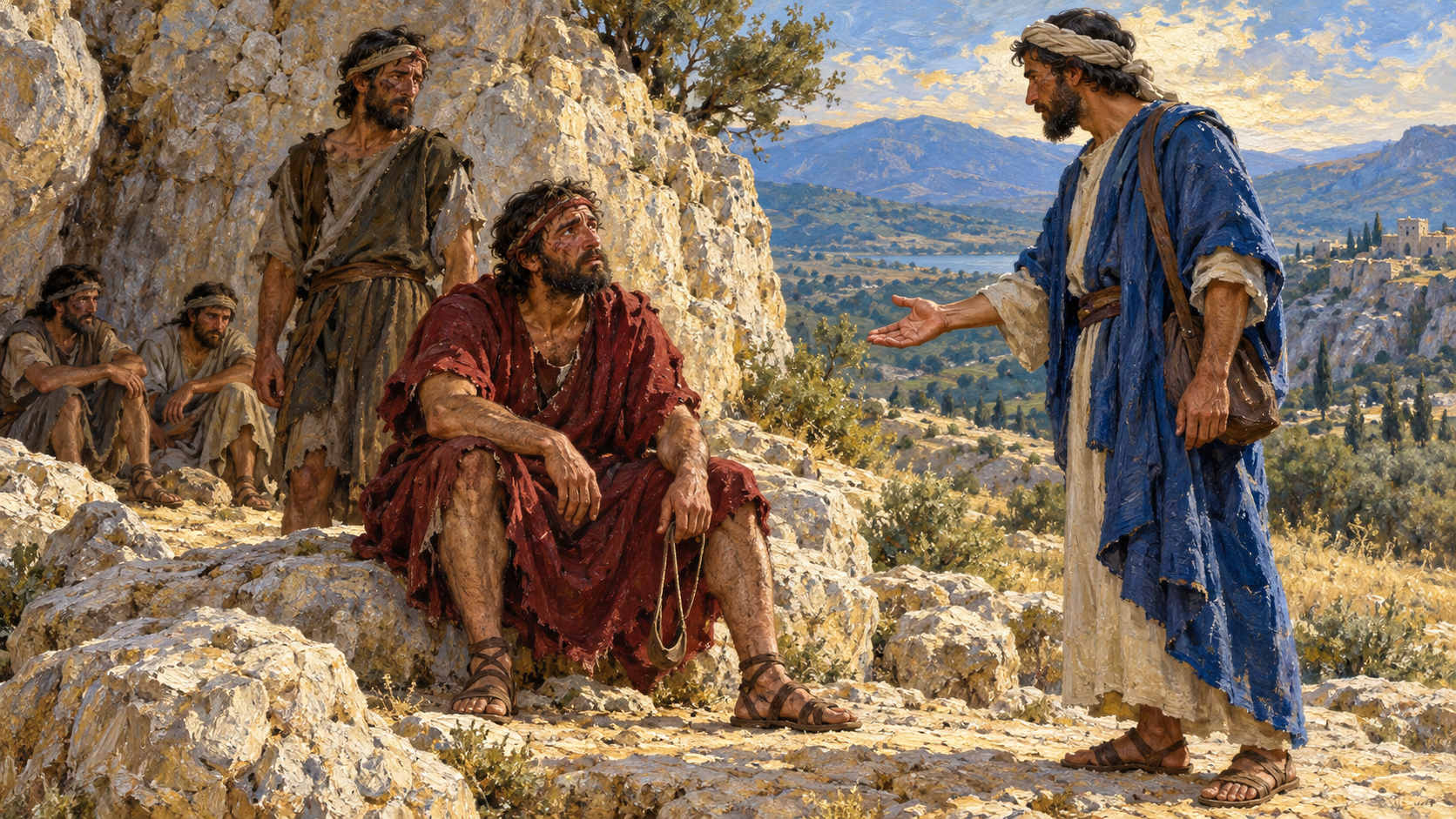 Benjamin survivors at Rimmon – oil painting Classical oil painting of exhausted Benjamite survivors at the rock of Rimmon receiving a messenger of peace.