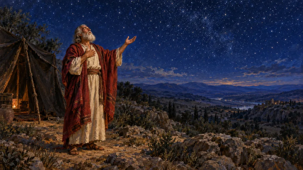 Classical oil painting of elderly Abram looking toward countless stars above Canaan beside his tent.