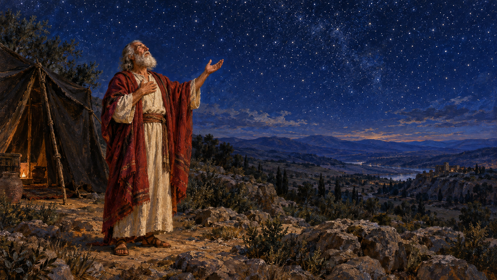 Gods promise to Abraham – oil painting Classical oil painting of elderly Abram looking toward countless stars above Canaan beside his tent.