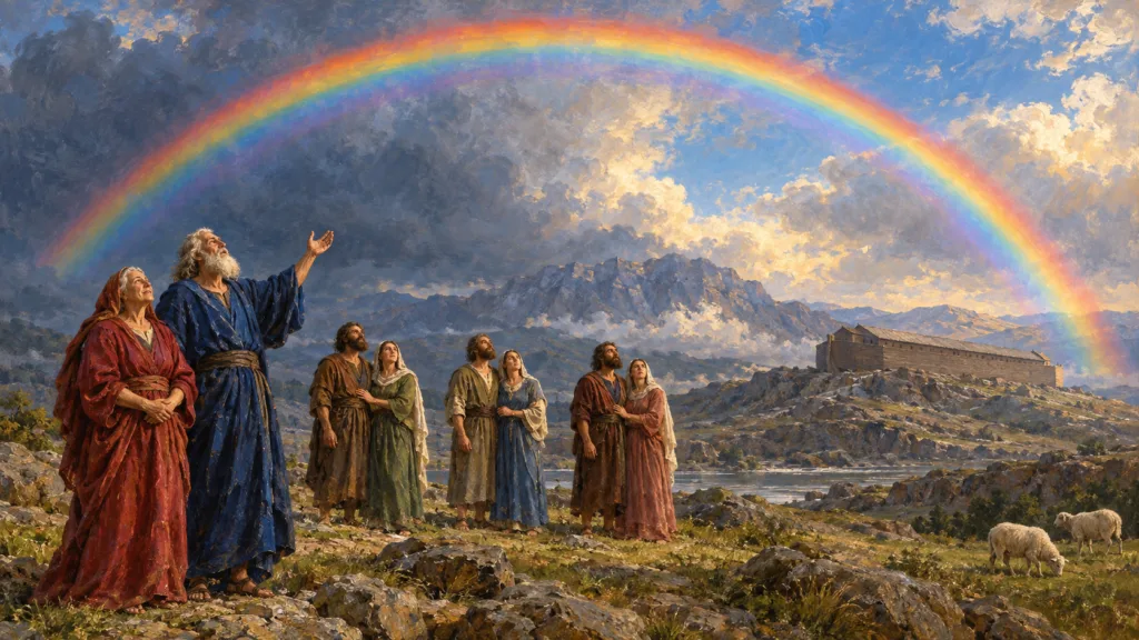 Classical oil painting of Noah and his family beneath a rainbow on dry ground with the ark behind them.