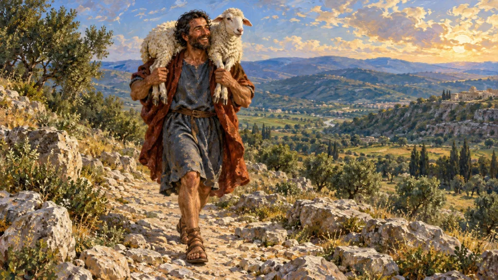 Classical oil painting of a joyful shepherd carrying his recovered sheep on his shoulders through open country.