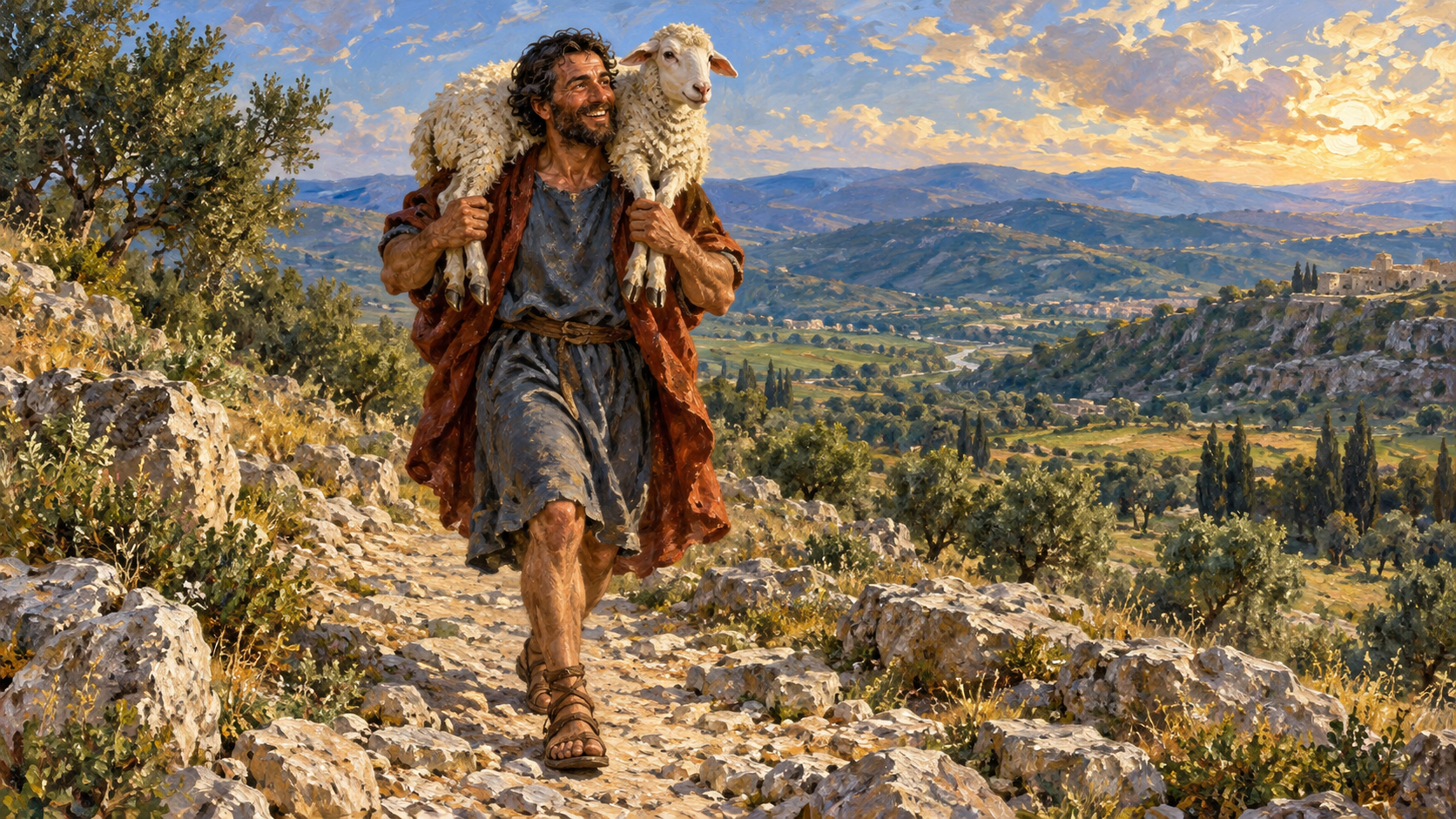 Recovered lost sheep – oil painting Classical oil painting of a joyful shepherd carrying his recovered sheep on his shoulders through open country.