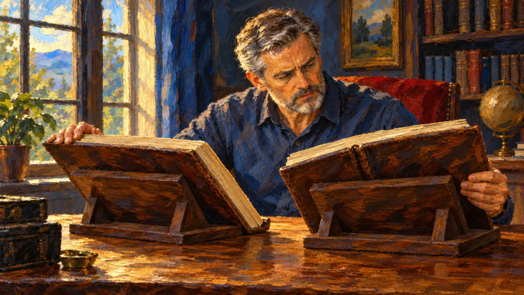Classical oil painting of a scholar carefully comparing two biblical manuscript volumes on wooden reading stands.