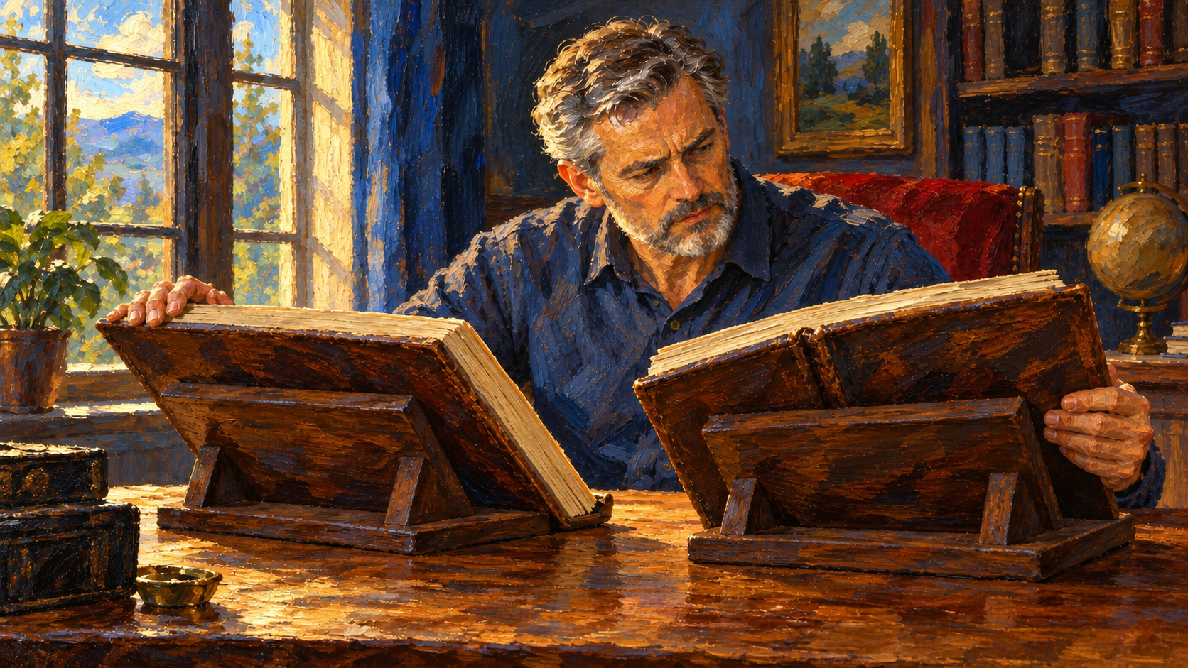 Comparing biblical manuscript traditions – oil painting Classical oil painting of a scholar carefully comparing two biblical manuscript volumes on wooden reading stands.
