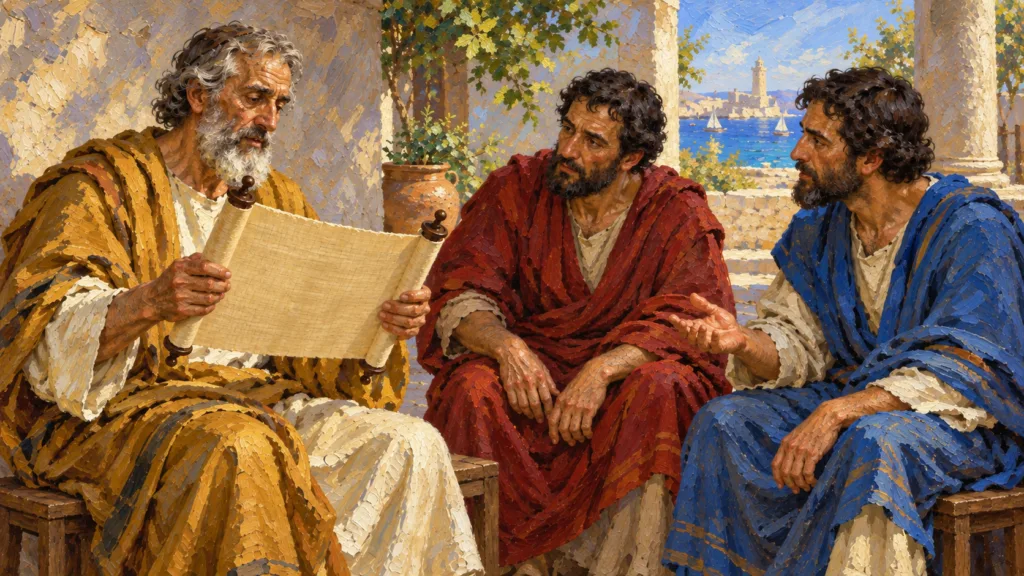 Classical oil painting of three ancient Greek-speaking Jewish men reading and discussing a Scripture scroll in Alexandria.