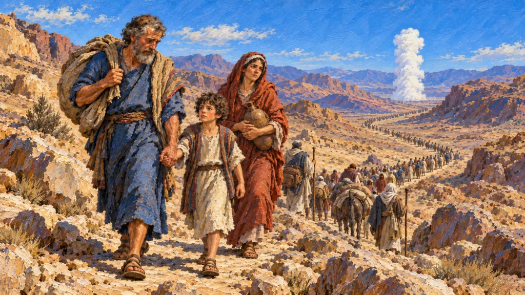 Classical oil painting of a weary Israelite family and a long wilderness procession with the pillar of cloud in the distance.
