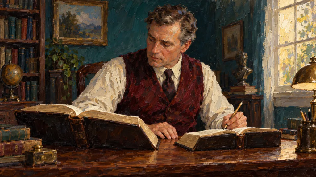 Classical oil painting of a thoughtful reader comparing a study volume with an open Bible.