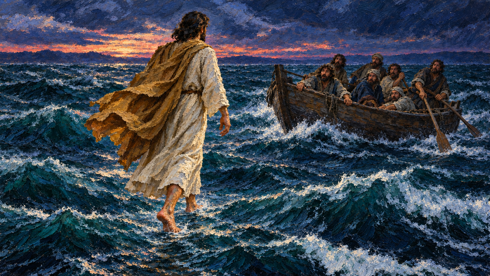 Classical oil painting of Jesus walking across rough water toward the frightened disciples in their boat.