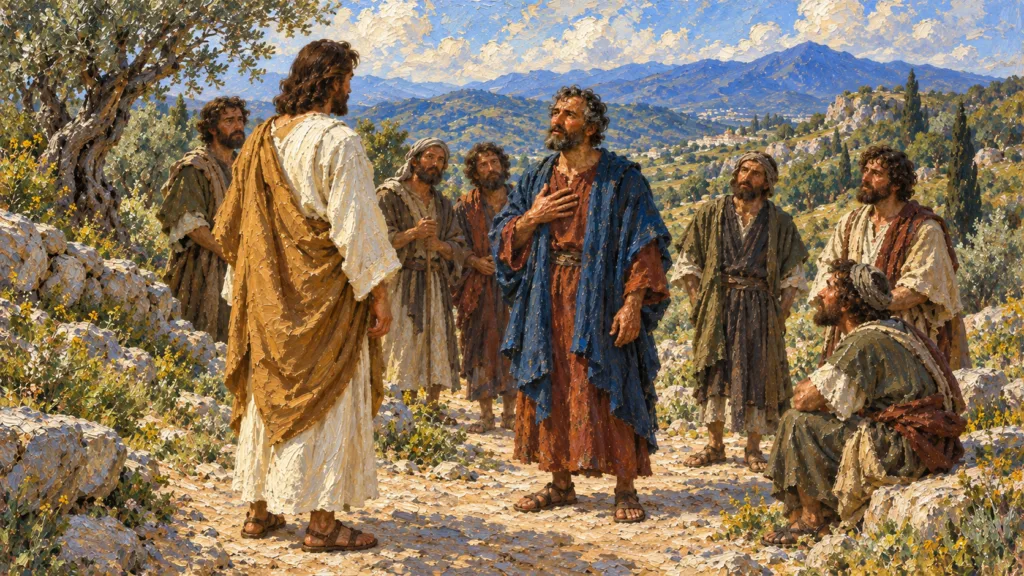 Classical oil painting of Peter earnestly answering Jesus while the other disciples listen on a country road.