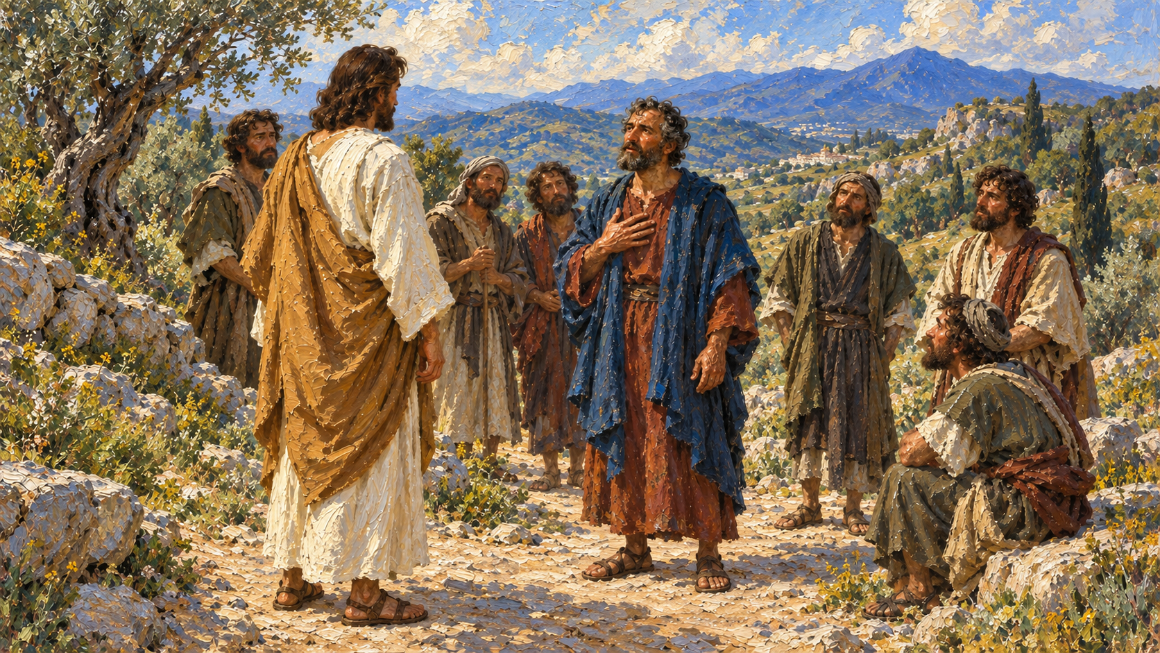 Classical oil painting of Peter earnestly answering Jesus while the other disciples listen on a country road.