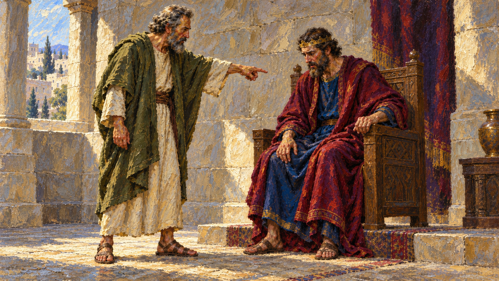 Nathan confronts David oil painting Classical oil painting of Nathan confronting King David, whose posture reveals shame and conviction.