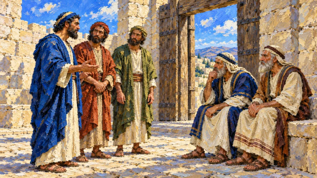 Classical oil painting of three Israelite witnesses giving testimony before two attentive elders at a town gate.