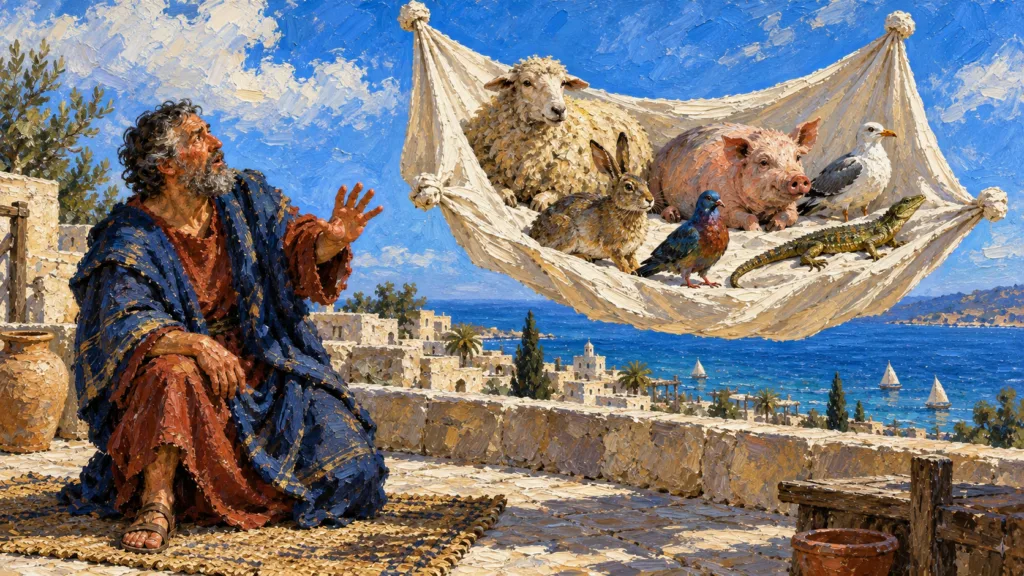 Classical oil painting of Peter on a rooftop seeing a four-cornered sheet containing mixed animals.