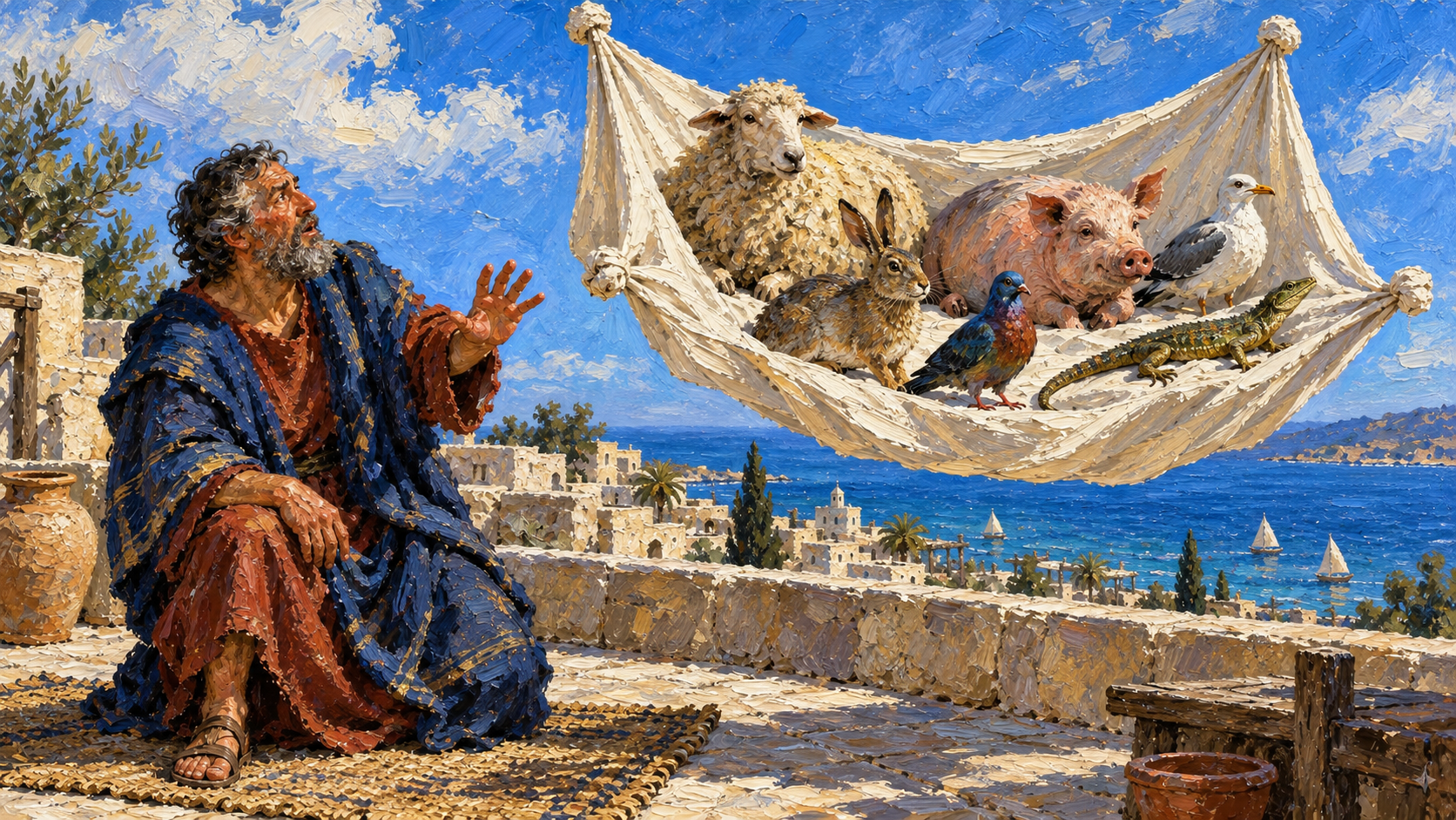 Peter vision of animals oil painting Classical oil painting of Peter on a rooftop seeing a four-cornered sheet containing mixed animals.
