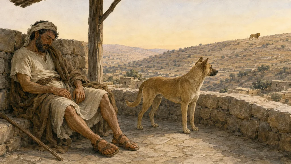 A silent guard dog watches a lion approach while an Israelite watchman sleeps