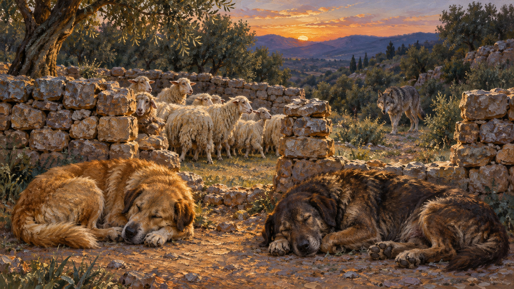 Silent watchdogs oil painting Classical oil painting of sleeping guard dogs beside an exposed flock as a wolf approaches.