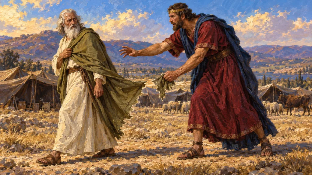 Classical oil painting of King Saul grasping the torn hem of Samuel mantle as the prophet turns away.