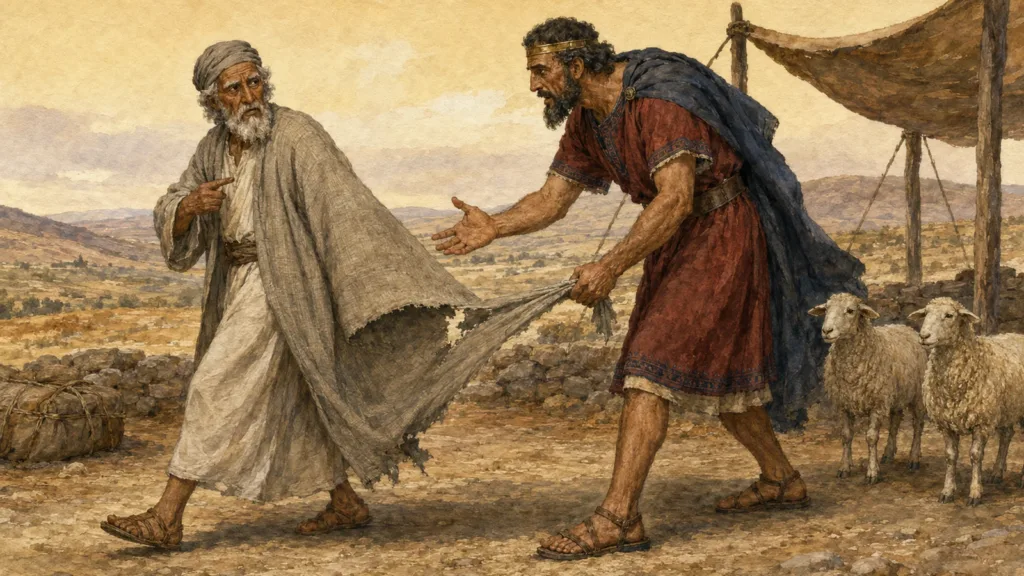 King Saul grips the torn edge of Samuel’s robe as two spared sheep stand behind him