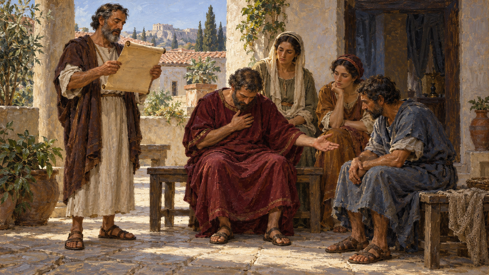 A letter read to the Corinthian church Classical oil painting of an apostolic letter being read to a humbled congregation in ancient Corinth.