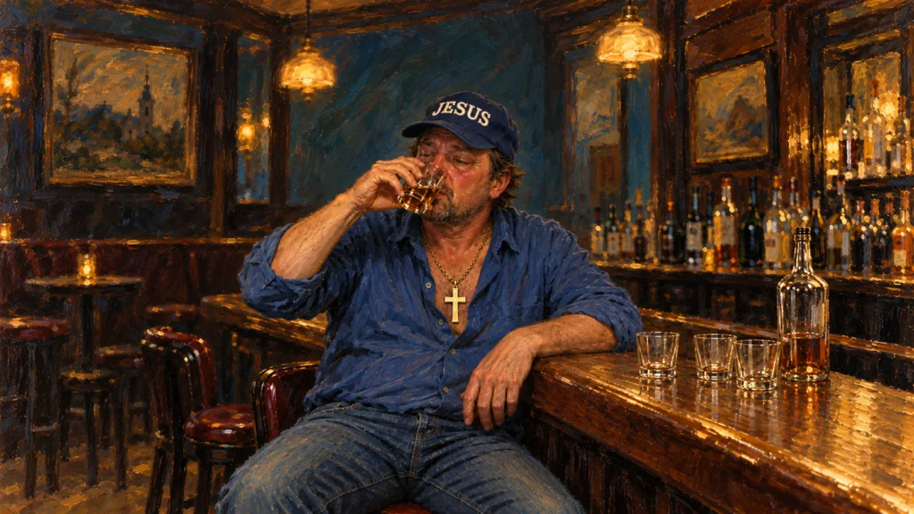 Classical oil painting of an intoxicated man drinking at a bar while wearing a large cross necklace and a JESUS baseball cap.