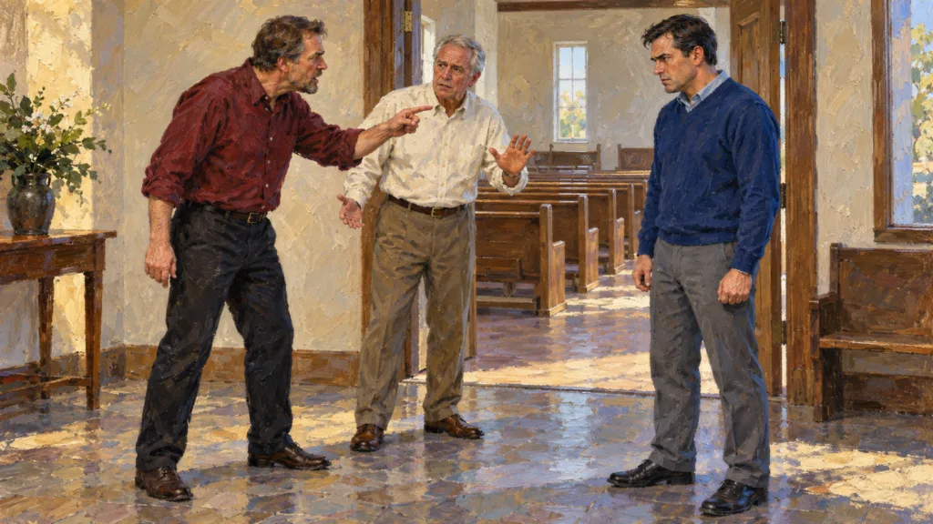Classical oil painting of two church members arguing as an older believer urges peace in a church foyer.